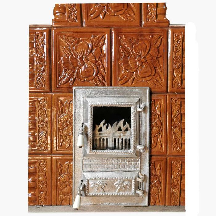 Soba de teracota tip semineu, usa cu geam termorezistent