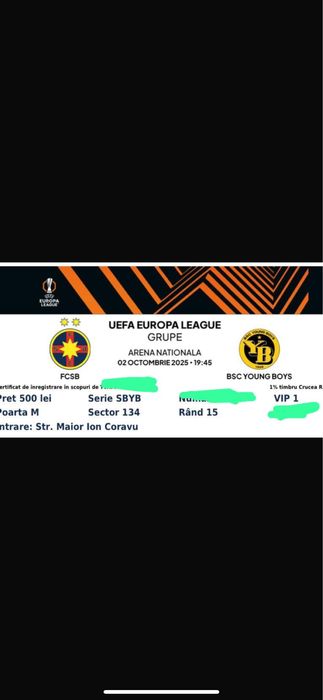 Vand 4 bilete FCSB YOUNG BOYS-VIP 1 rand 15(pot vinde si individual)