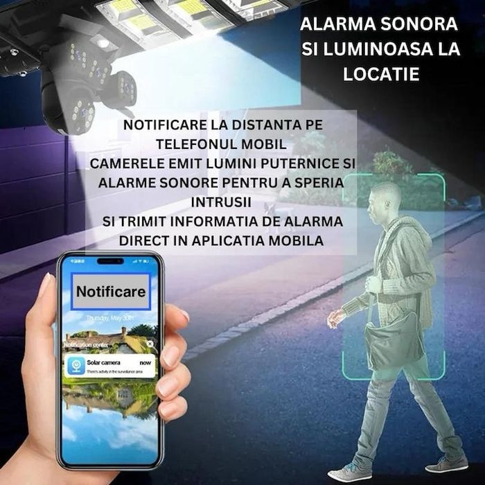 Camera 4G cu Lampa Solara 450W Stradala LED, Night Vision, Rotativa