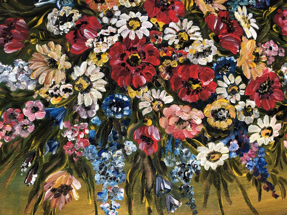 Tablou,pictura germana in ulei pe lemn,flori de camp