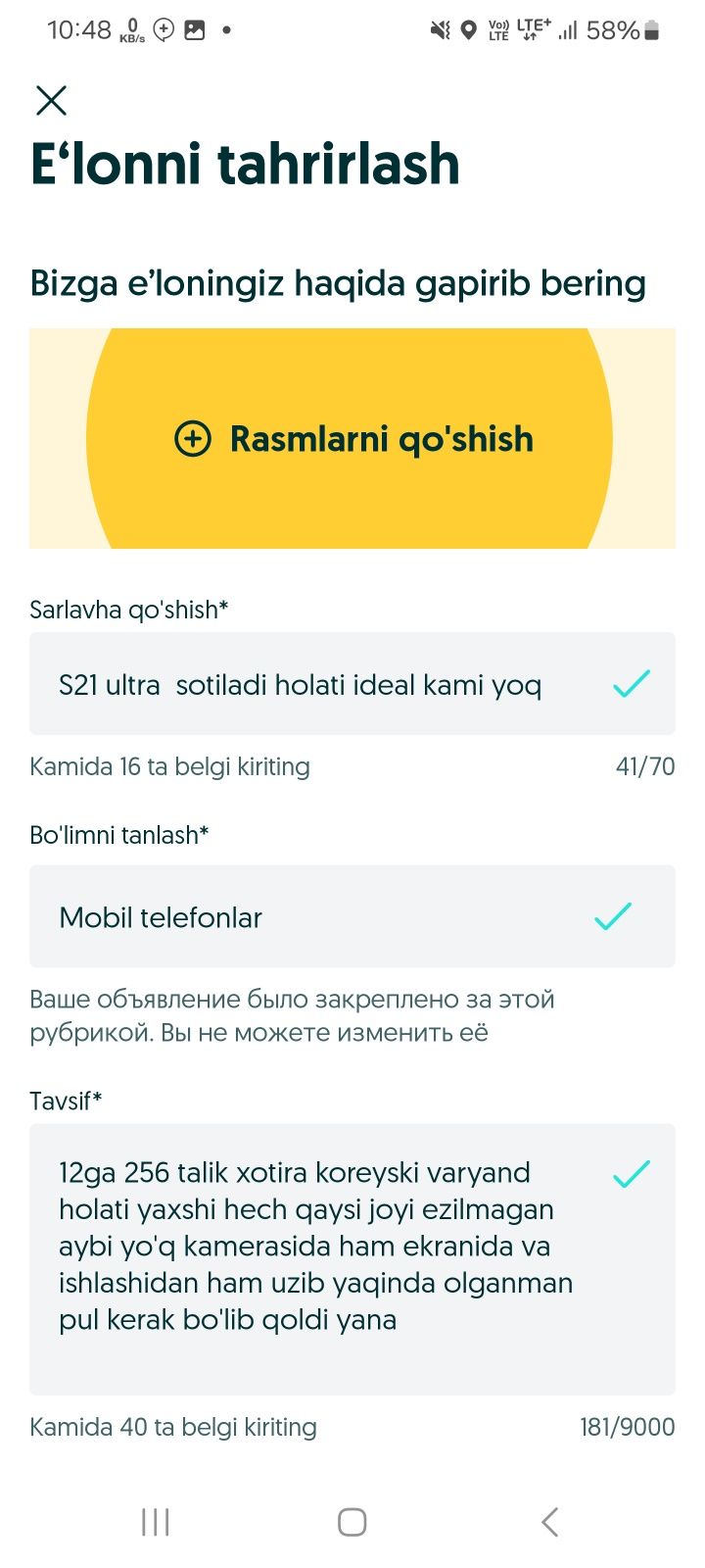 S21 ultra  sotiladi holati ideal kami yoq