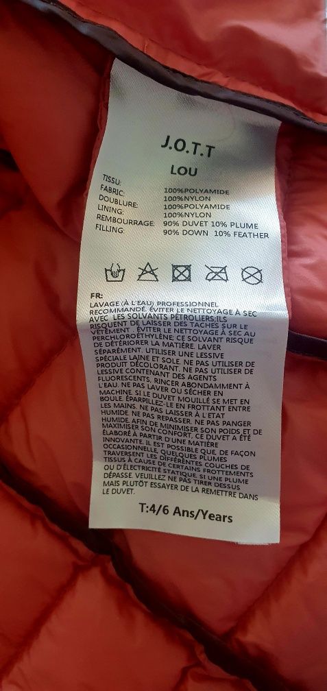 Geaca JOTT 4-6 ani, 110-116 din pene si fulgi, pentru fete, portocaliu