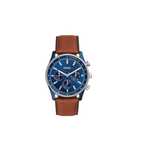 Ceas barbati Fossil quartz cu o curea de piele Maro, Albastru/Argintiu
