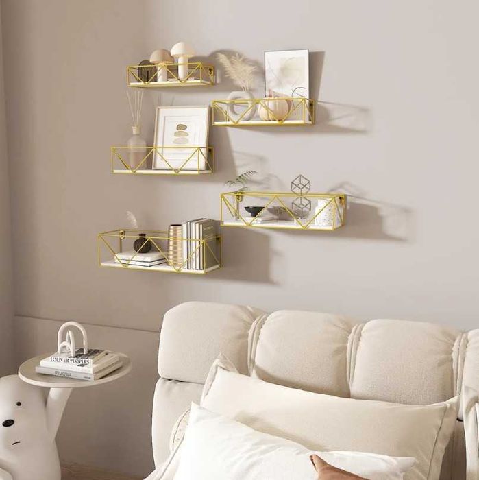 Set 5 rafturi metalice culoare aurie+polite albe,diferite dimensiuni
