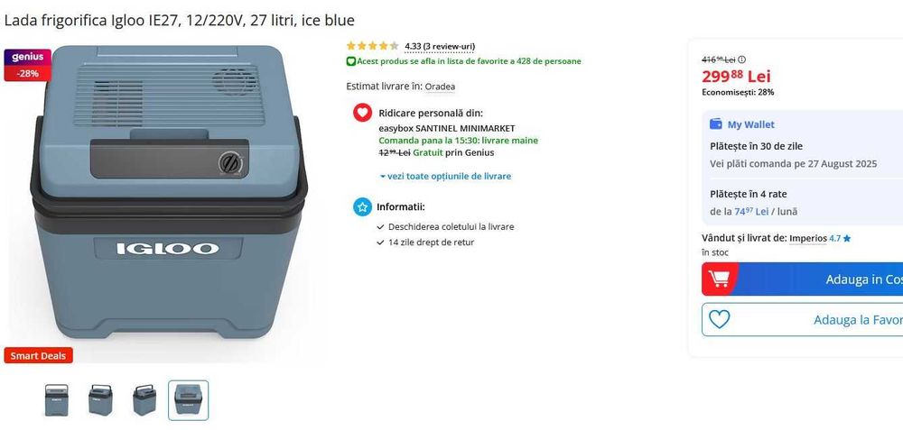 folosit 1x: Lada frigorifica profesional IGLOO IE27, 12/220V, 27 litri