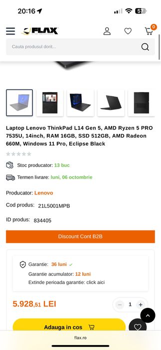 Ultrabook Lenovo ThinkPad L14 Gen 5, AMD Ryzen 5 PRO 7535U ca nou!
