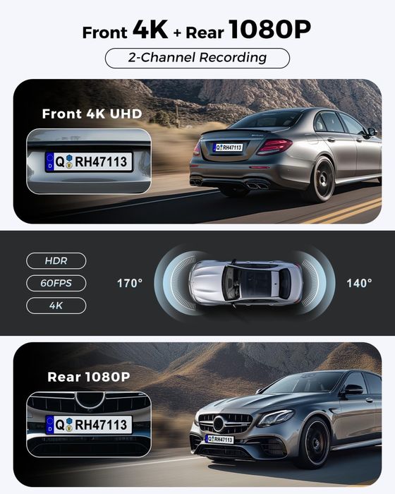 Jzones 4K/FHD двойна/2-канална HDR камера за автомобил/WIFI 6/GPS/APP