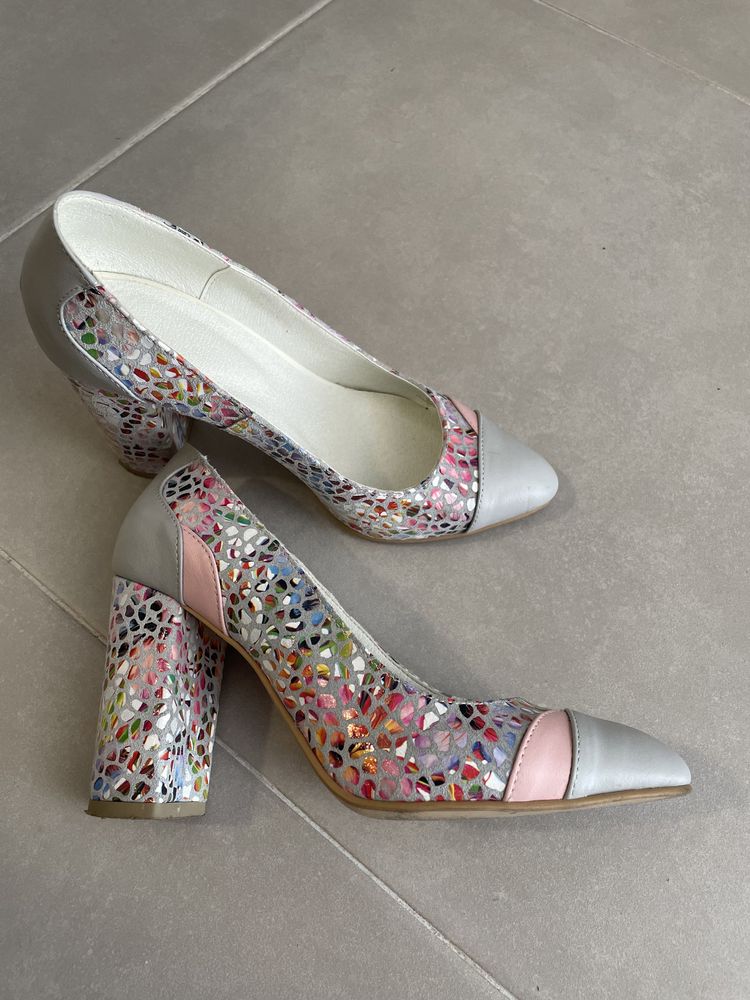 Pantofi piele naturala gri/roz multicolor 36