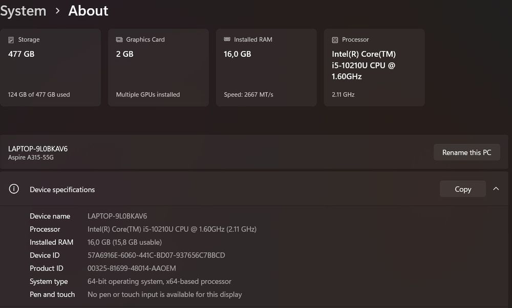 Acer Aspire 3 15.6" i5-10210u, 16 ram , 480 ssd