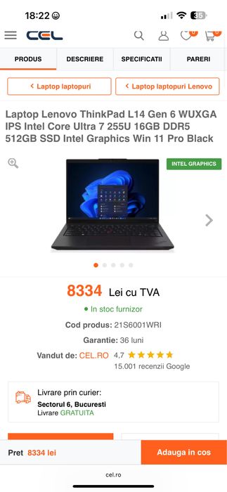 Ultrabook Lenovo ThinkPad L14 Gen 6 cu procesor Intel Core Ultra 7