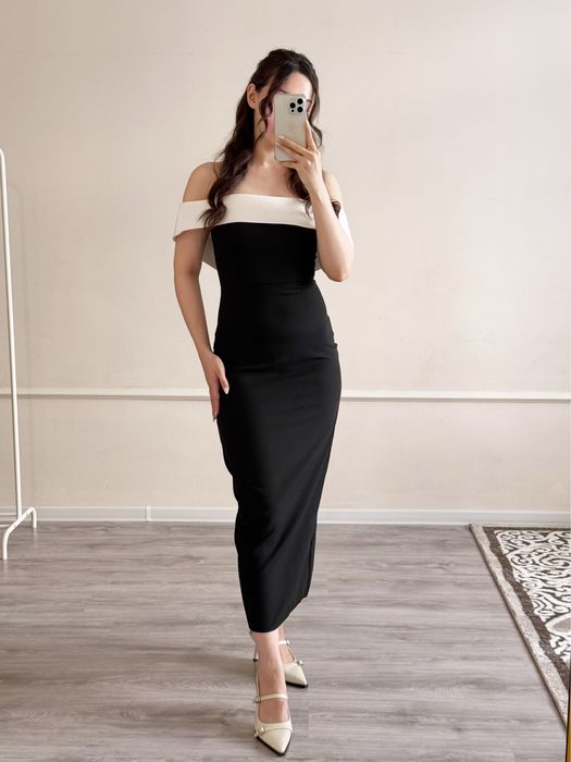 Черное вечернее платье миди.