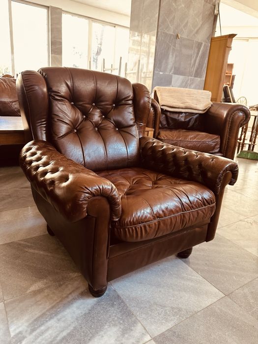 Кожено кресло от Швеция – Chesterfield стил, естествена кожа