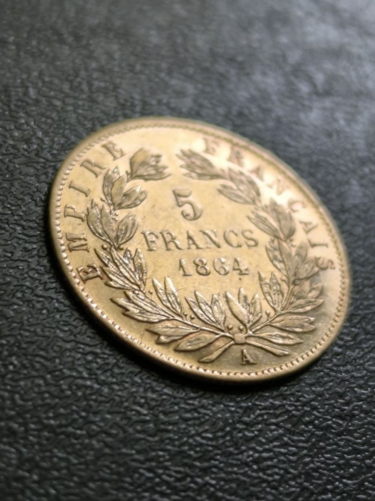 5 франка 1864 год, Наполеон с венец, Злато 1.61 гр,900/1000