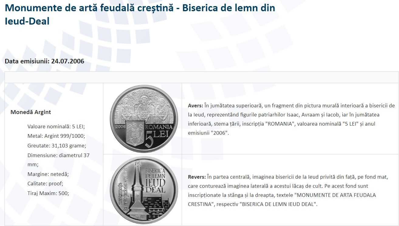 Moneda BNR 5 lei argint biserica Ieud Deal gradata NGC PF 68 UC