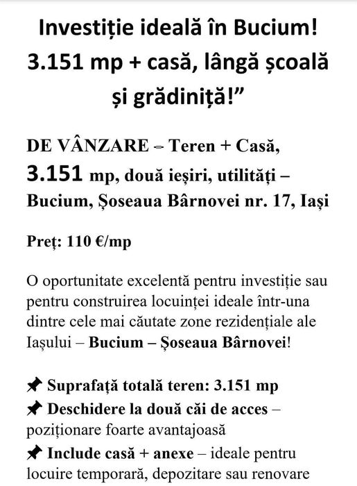 Investiție ideală în Bucium! 3.151 mp + casă, lângă școală