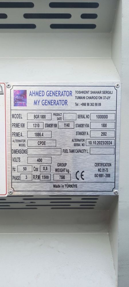 Generator AHMED Turkiya 1700 Kwa 1260 kw