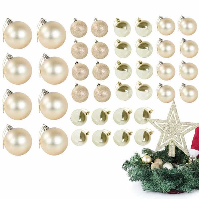 Златист комплект коледни топки 100 броя, различни размери и звезда