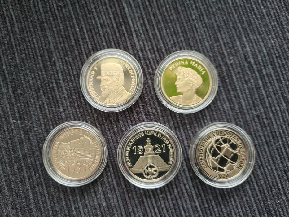 Monede 50 bani PROOF: Regina, Regele, Revolutia, Vladimirescu, Fotbal
