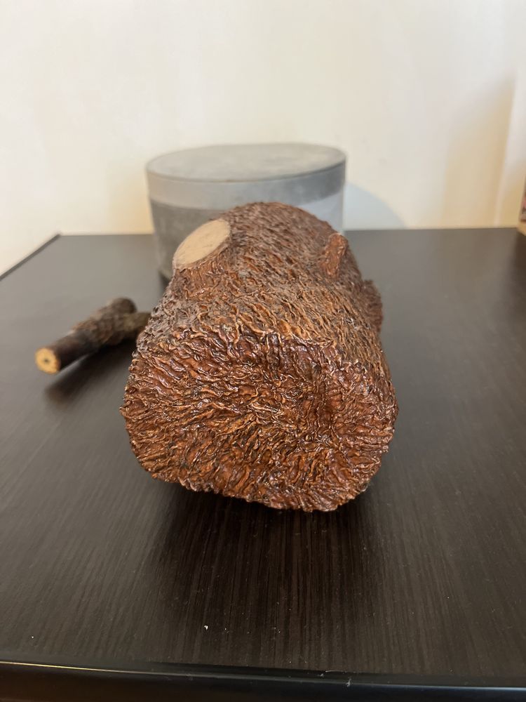 Obiect artizanat sticla imbracata in scoarta de copac