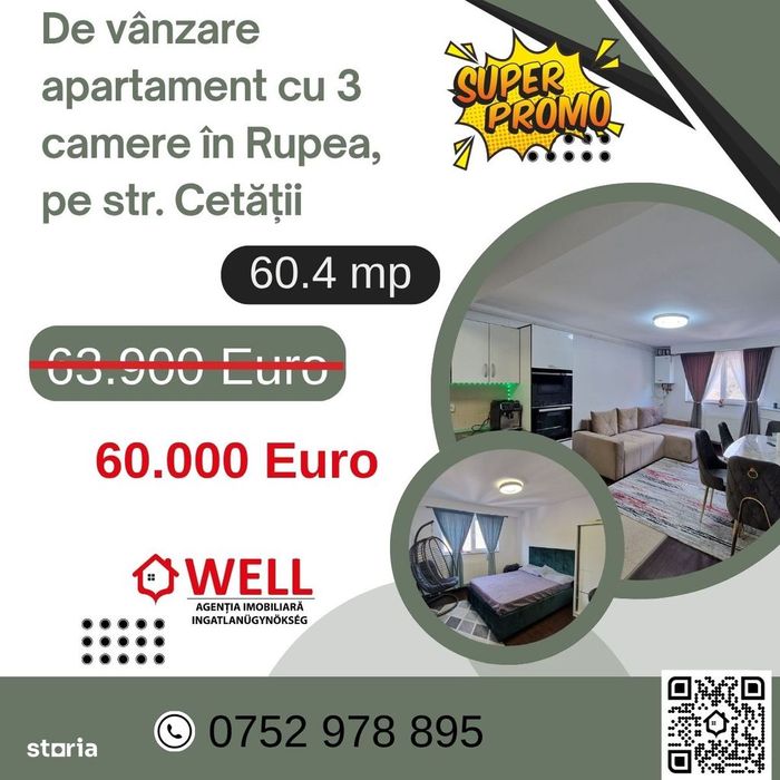 De vânzare apartament cu trei camere, în Rupea