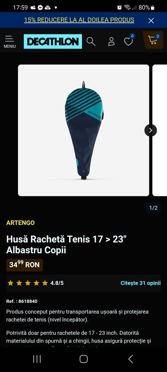 Racheta tenis Artengo 17"/23" Decathlon  cu husa