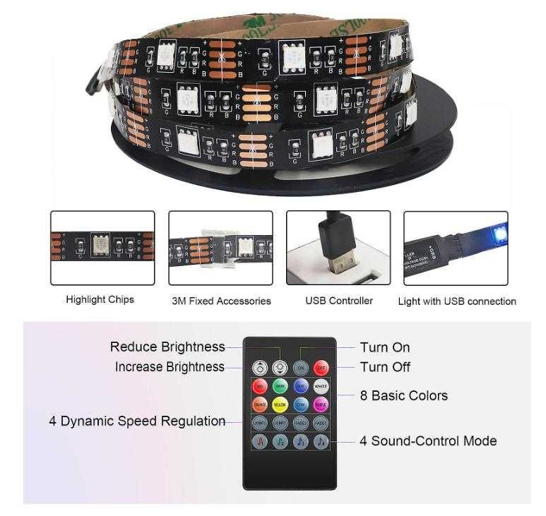 RGB LED ленти Extrastar с дистанционно управление, захранване през USB