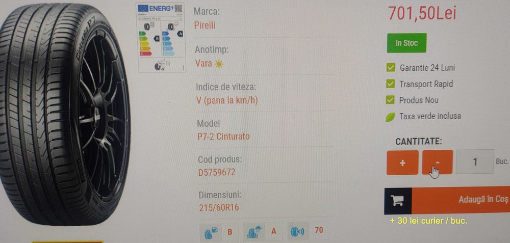 Anvelopa cauciuc Pirelli de vara 215 60 16 DOT 2020 7.11 mm ca noua.