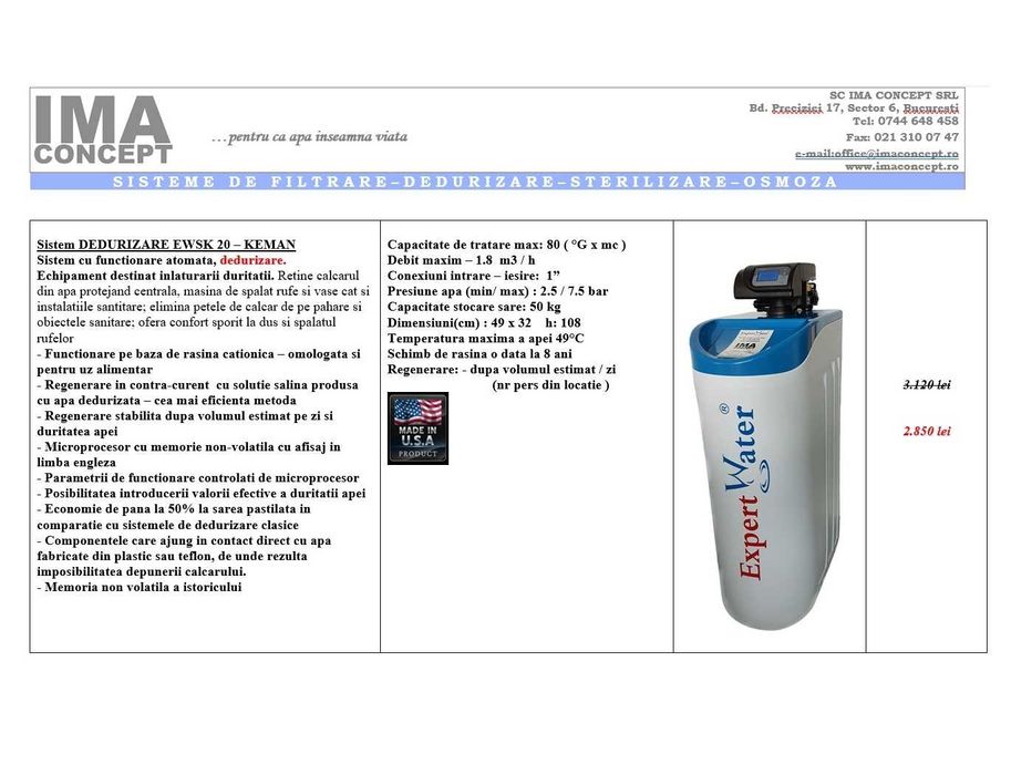 Statie dedurizare Expert Water EWSK20 - debit 1.8 m3/h - made in USA
