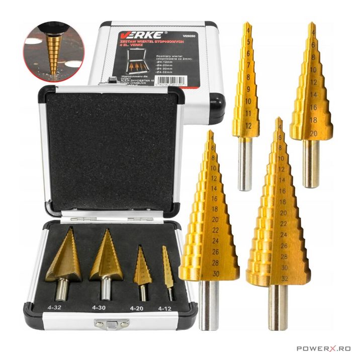 Set burghie metal conice in trepte, 4-32 mm, 4 piese, Verke