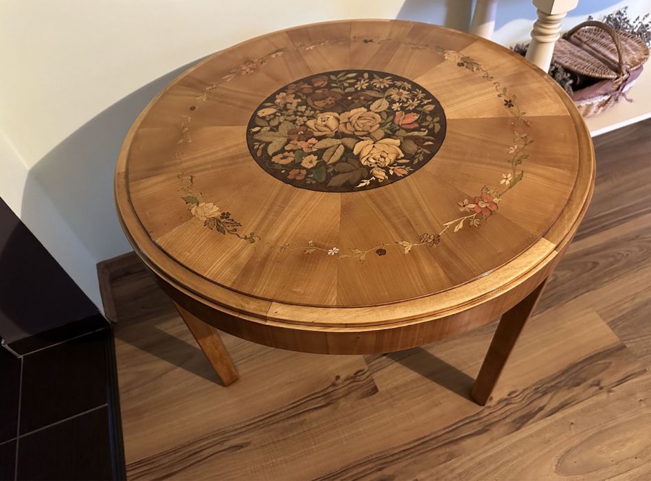 Masa cafea intarsii lemn masiv 77x64cm superba antica biedermeier