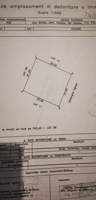 Vand teren Cazasu 500 mp cu utilități  Apa curent și gaze