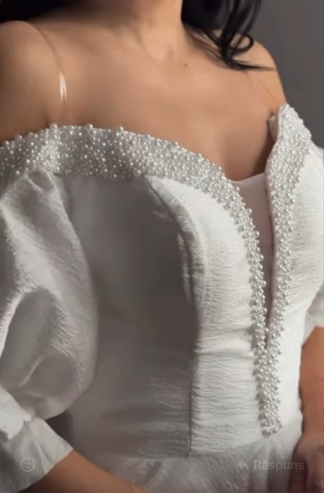 Rochie de ocazie midi, alba cu perle