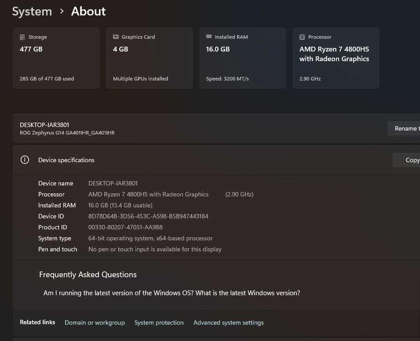 Laptop Asus Ryzen7 4800HS , 14" , 16GB, SSD 512GB, NVIDIA GTX 1650 4GB