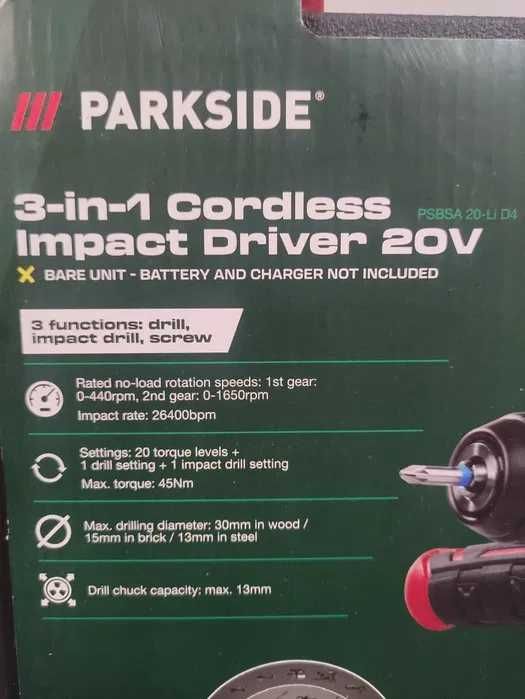 Bormasina Noua cu percutie 3 in 1 Parkside pe acumulator de 20 V