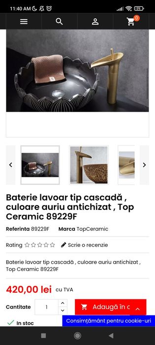 NOU Baterie lavoar tip cascada auriu antichizat