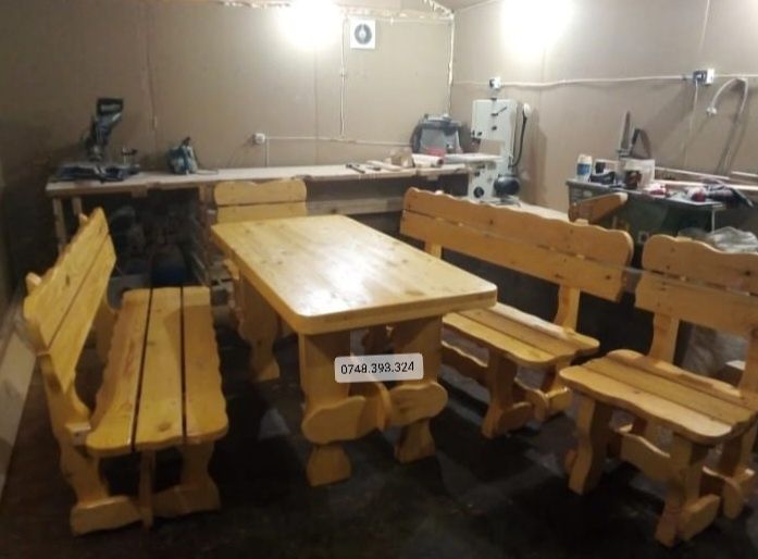 Set masa cu băncuțe scaune lemn terasă foișor leagan