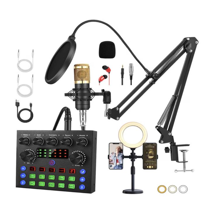 Професионален комплект студиен микрофон звукова карта,V8S, стойка и др