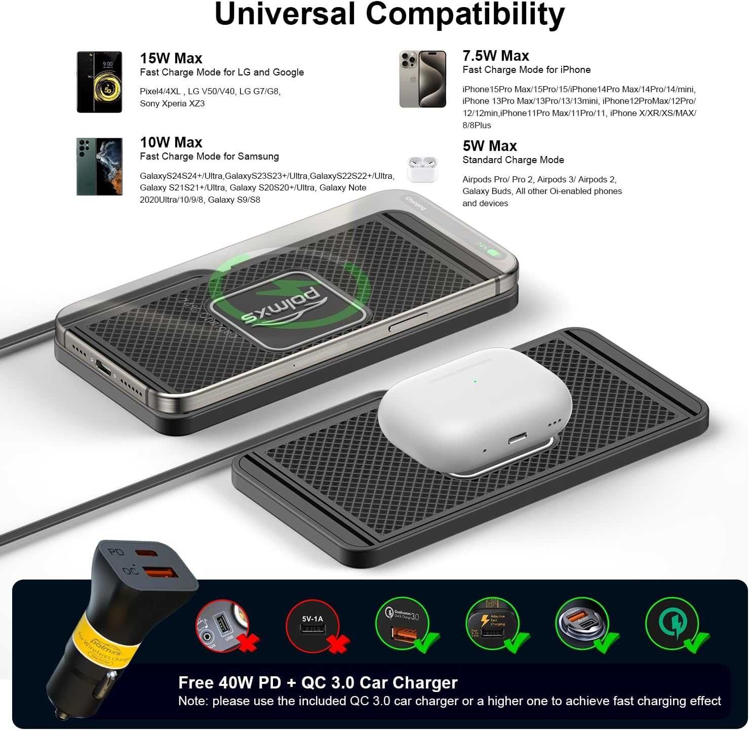 Încărcător mașină wireless Polmxs,15W QC 3.0 compatibil iPhone,Samsung