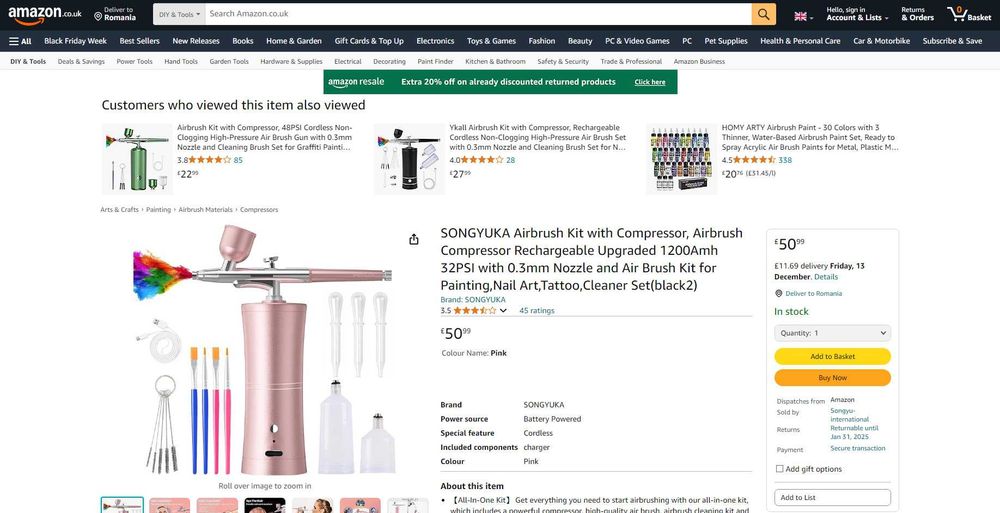 Kit Airbrush+compresor portabil, acc inclus, 32PSI, REDUS de la 270RON