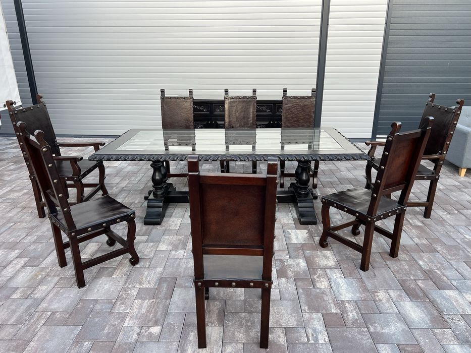 Set Masa Lemn Masiv + 8 Scaune + Servanta Stil Colonial Antic Baroc