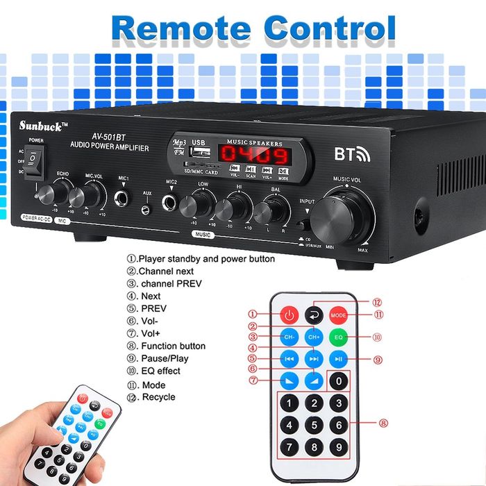 Аудио караоке усилвател AV-501BT Bluetooth  110V/220V DC 12V AUX вход