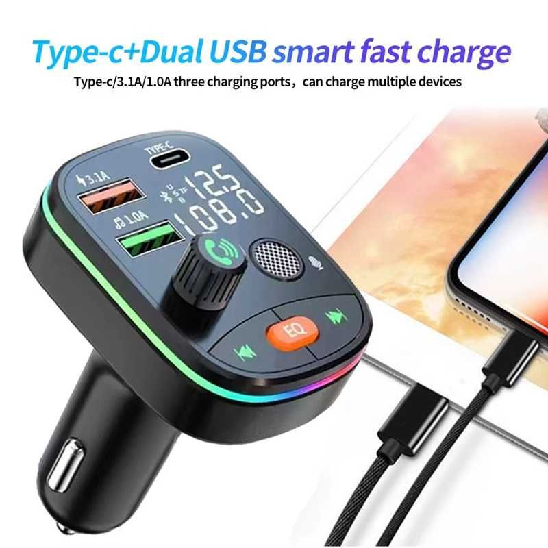 FM трансмитер KEBIDU 2xUSB 3.1A+Type-C зарядно за кола с MP3 Bluetooth