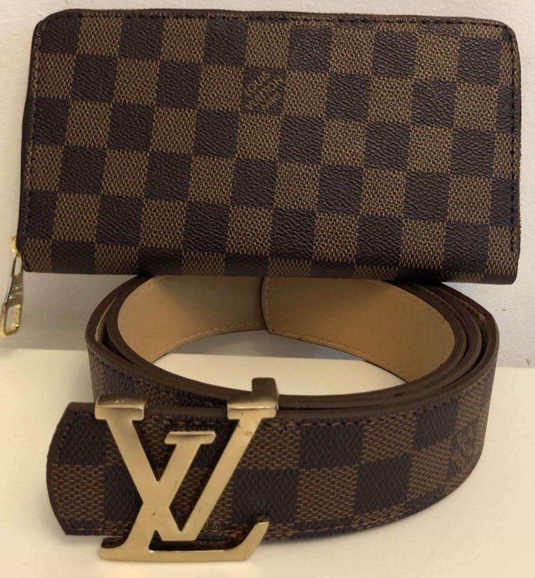 Set curea și portofel  Louis Vuitton, logo metalic auriu, saculet