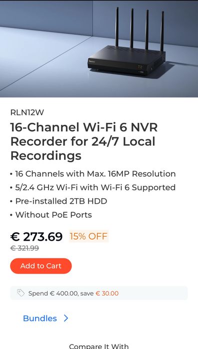 reolink rln12w - 16 channel Wi-Fi 6 NVR recorder 2TB