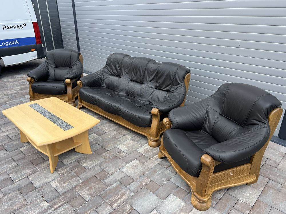 Set canapea canapele 3 - 1 - 1 Lemn Masiv + PIELE Naturala Rustic