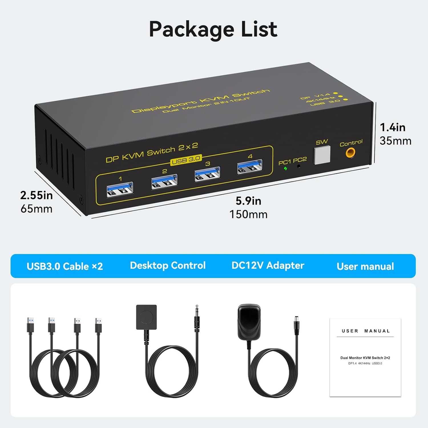 TJCXELE DP KVM превключвател 2 монитора 2 компютъра 4K144HZ, 4хUSB 3.0