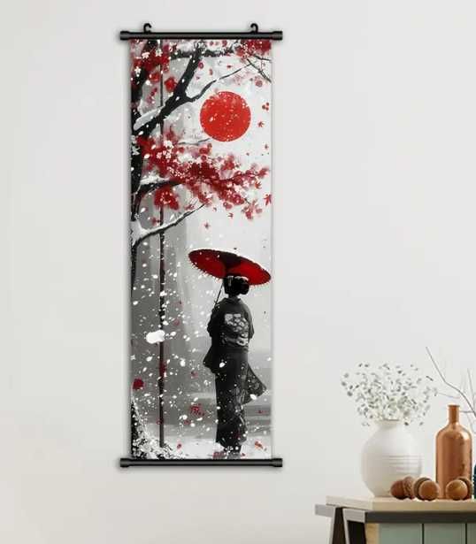 Tablou cu Geishă și Umbrelă Roșie  - Decor Elegant Japonez