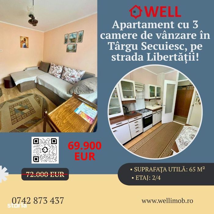 Apartament cu 3 camere de vânzare în Tg. Secuiesc, pe str. Libertății!