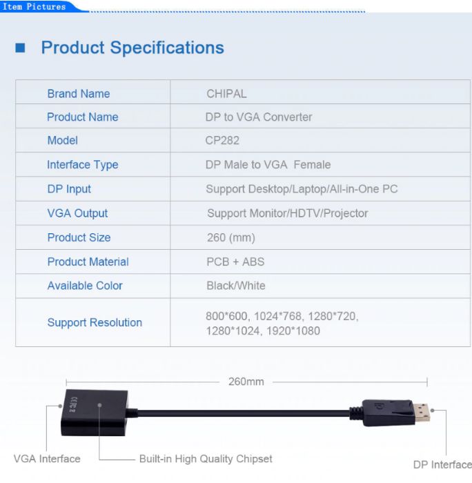 Преходник Display Port DP tо VGA