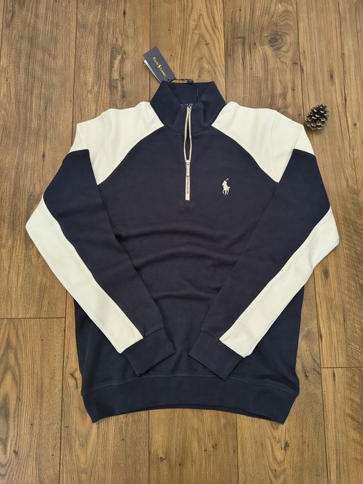 Pulover clasic, RL, half zipper, culoare navyblue&alb